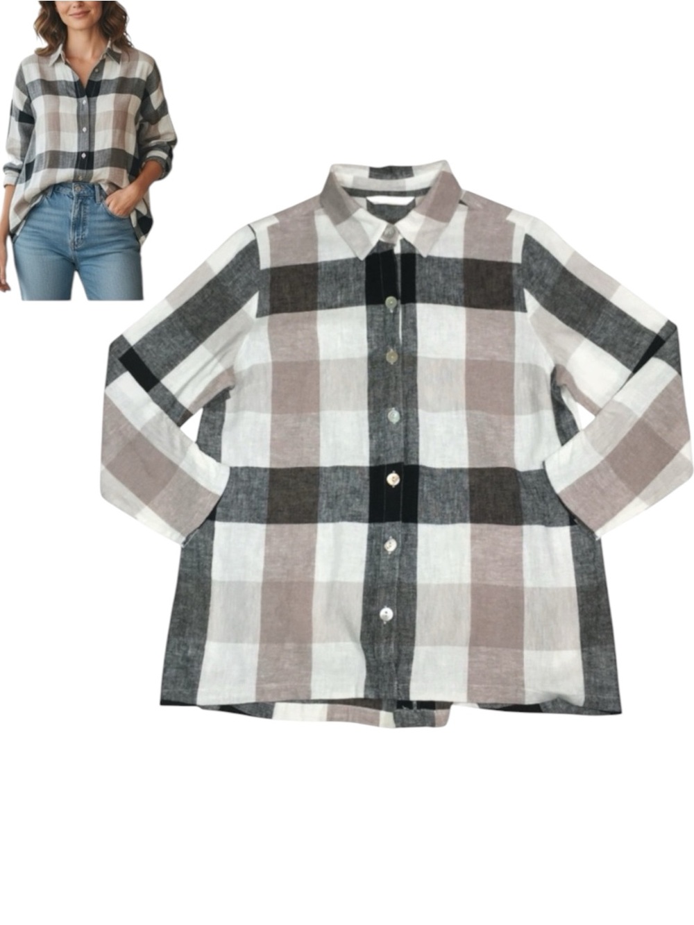 Soft Surroundings Multicolored Buffalo Plaid Button Front Zip Back Top Womens PL